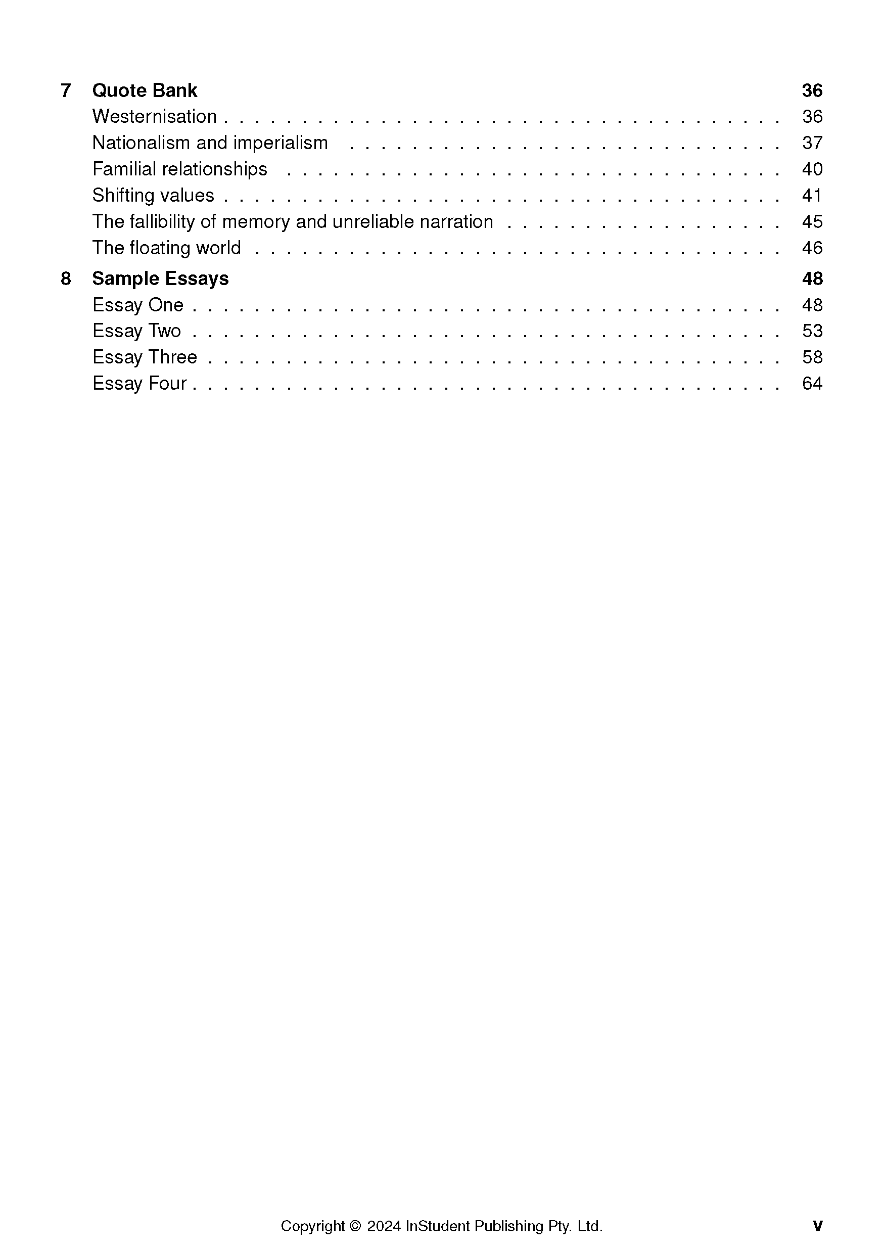 Text Guide for "An Artist of the Floating World" by Kazuo Ishiguro, showing its table of contents on a white page.