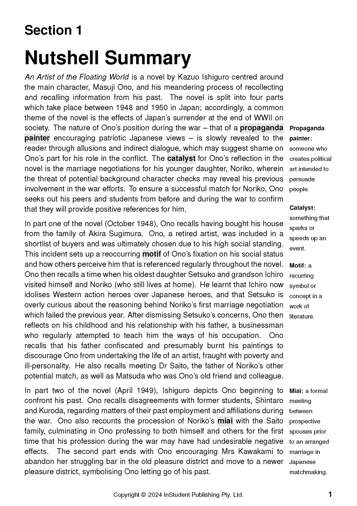 Text guide for An Artist of the Floating World from InStudent Publishing, displaying a nutshell summary with highlighted terms and definitions.