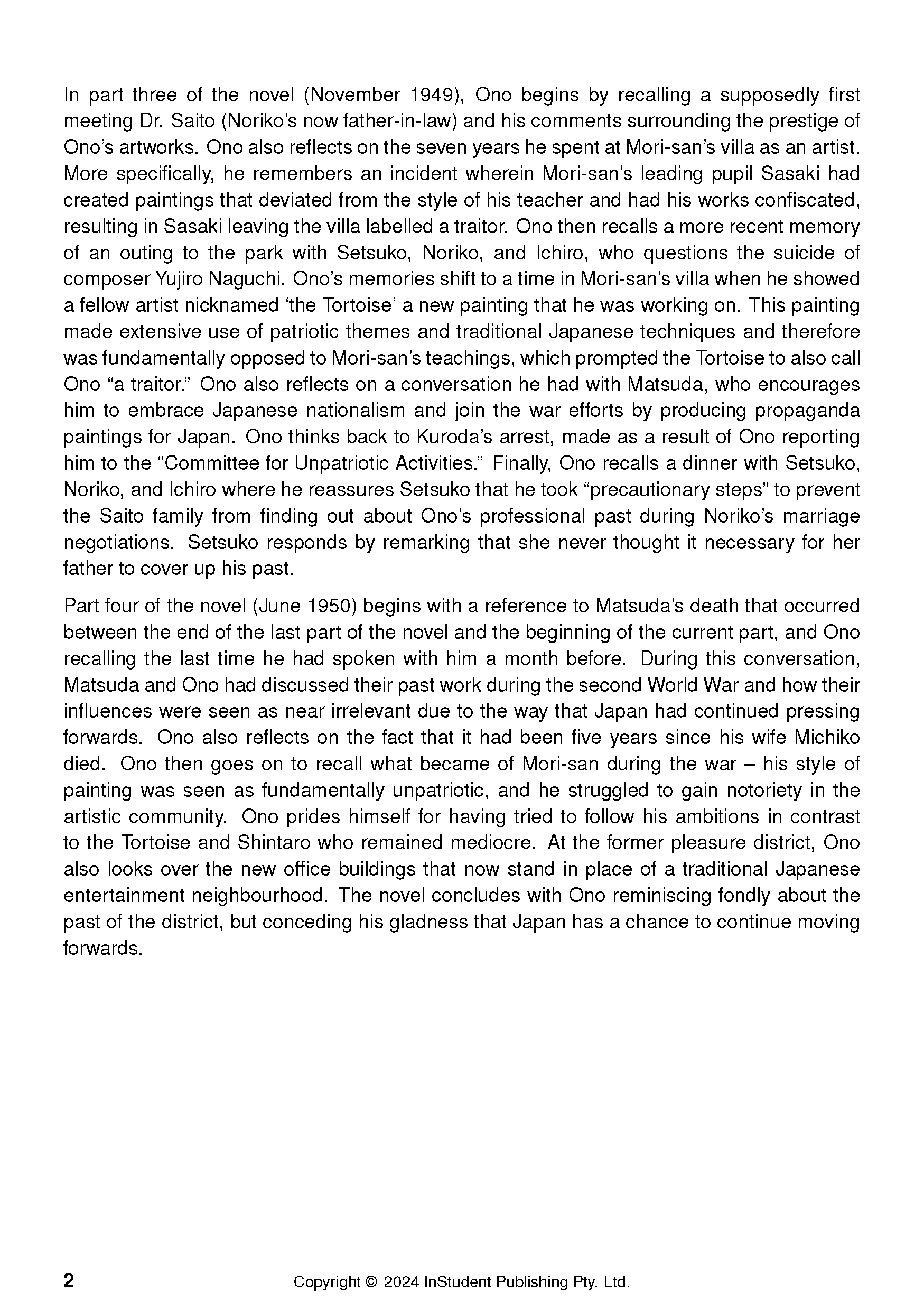 Text Guide page with black text on a white background, presenting literary analysis for a novel.