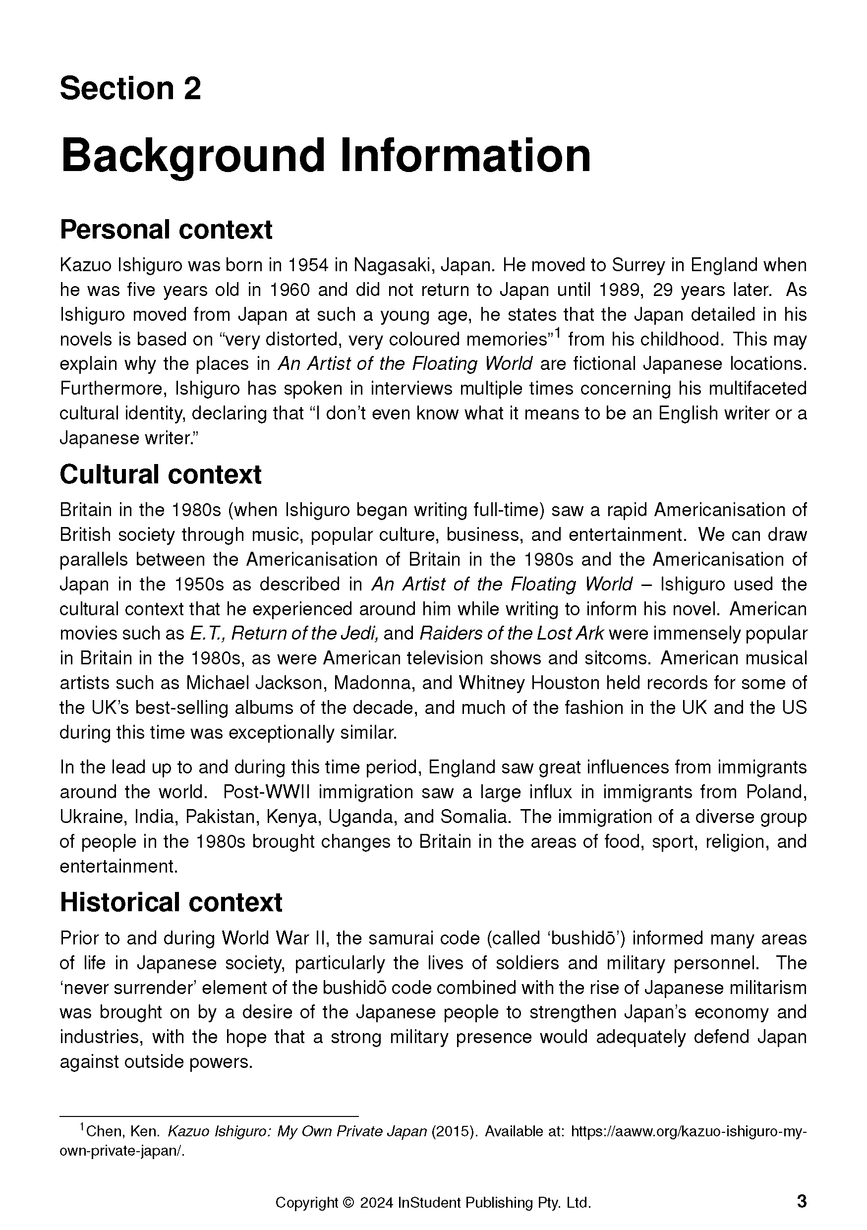 Text guide page about 'An Artist of the Floating World' showing 'Section 2 Background Information' and sub-contexts in black text.