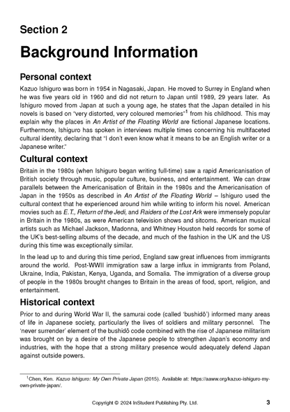 Text guide page about 'An Artist of the Floating World' showing 'Section 2 Background Information' and sub-contexts in black text.