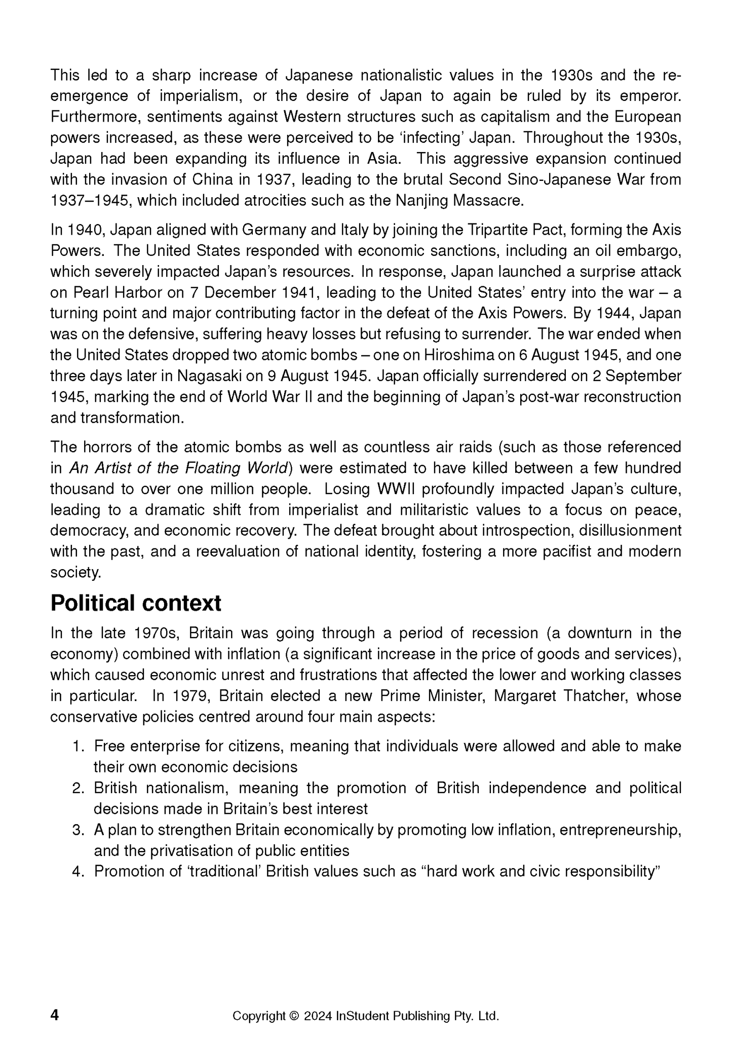 Text Guide page from InStudent Publishing Pty. Ltd. displaying content on Japan's history and British political context.