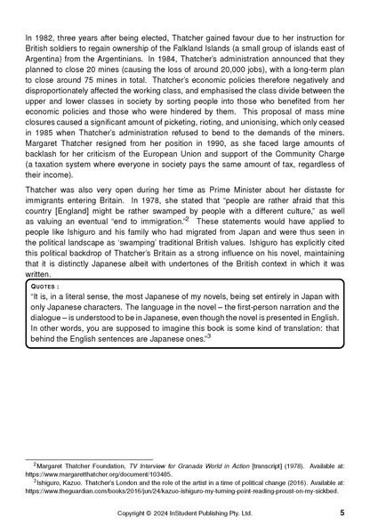 Text Guide: An Artist of the Floating World by Kazuo Ishiguro, showing a cropped page with English text, footnotes, and page number 5.