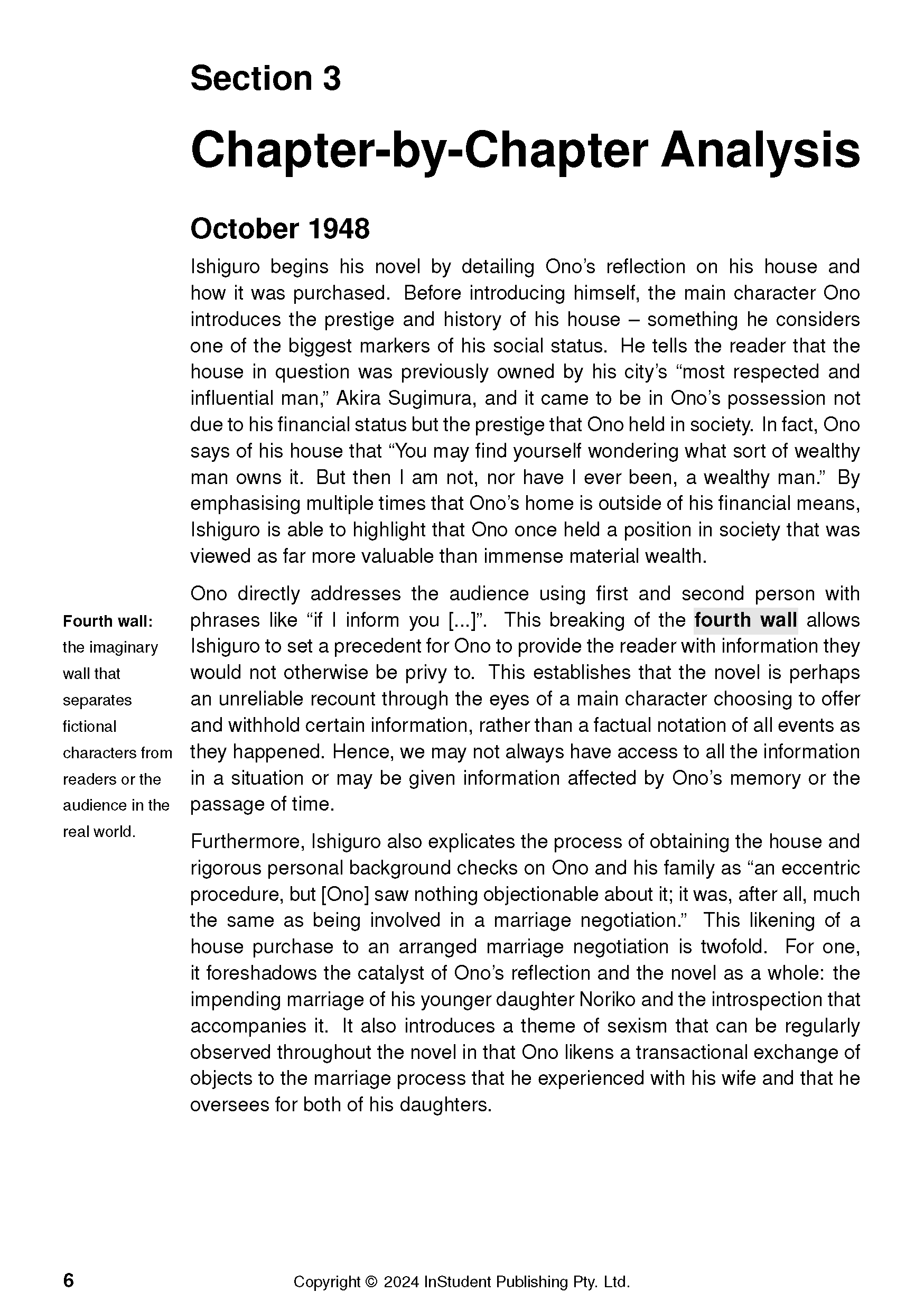 Text Guide page by InStudent Publishing Pty. Ltd. with black text, featuring 'Chapter-by-Chapter Analysis' and a 'Fourth wall' definition sidebar.