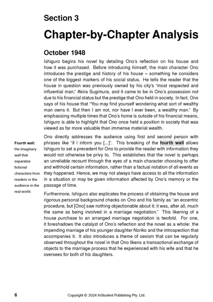 Text Guide page by InStudent Publishing Pty. Ltd. with black text, featuring 'Chapter-by-Chapter Analysis' and a 'Fourth wall' definition sidebar.