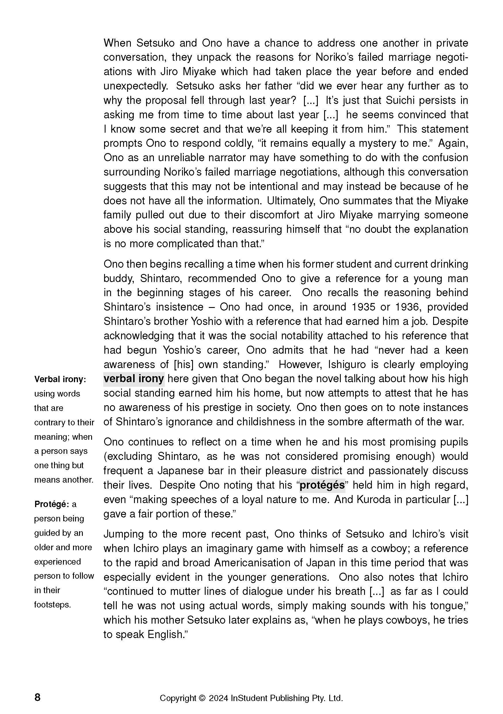 Text guide page with literary analysis of 'An Artist of the Floating World' and definitions of 'Verbal irony' and 'Protégé'.