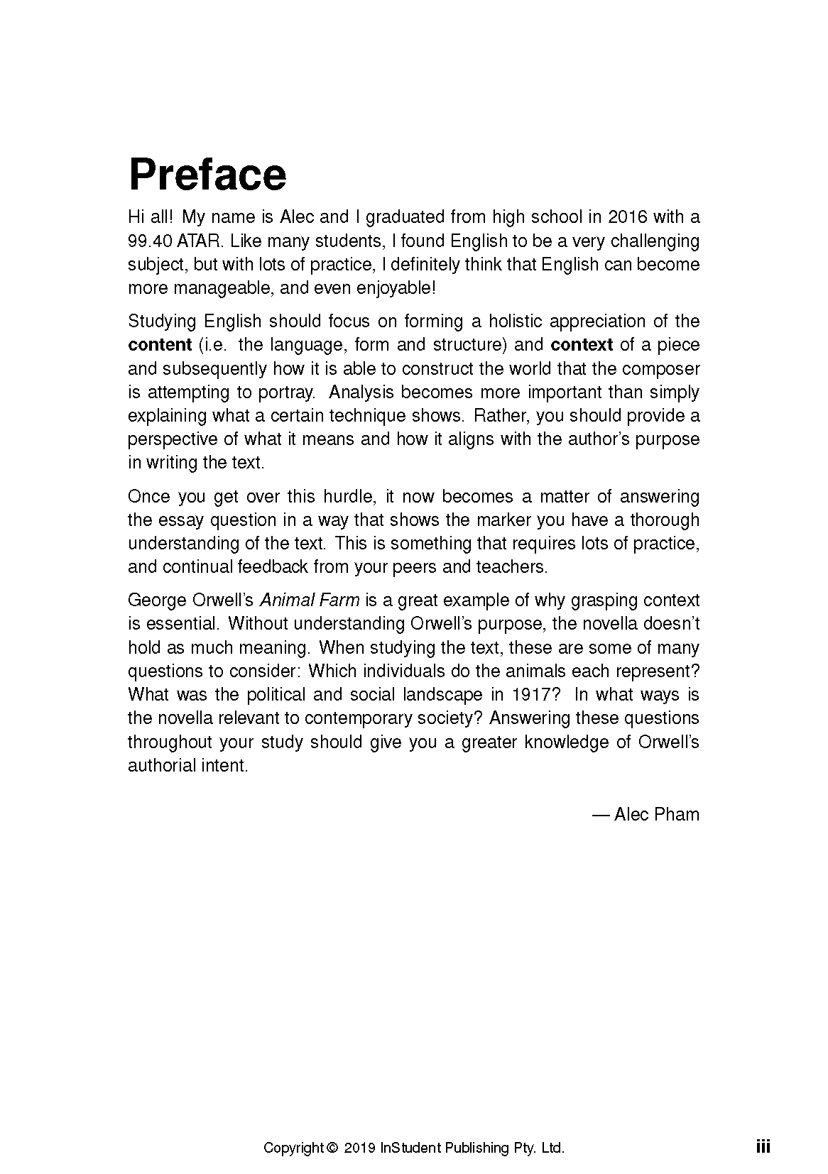 Text Guide white page featuring a 'Preface' title, black text discussing Animal Farm, copyright 2019, and page number 'iii'.