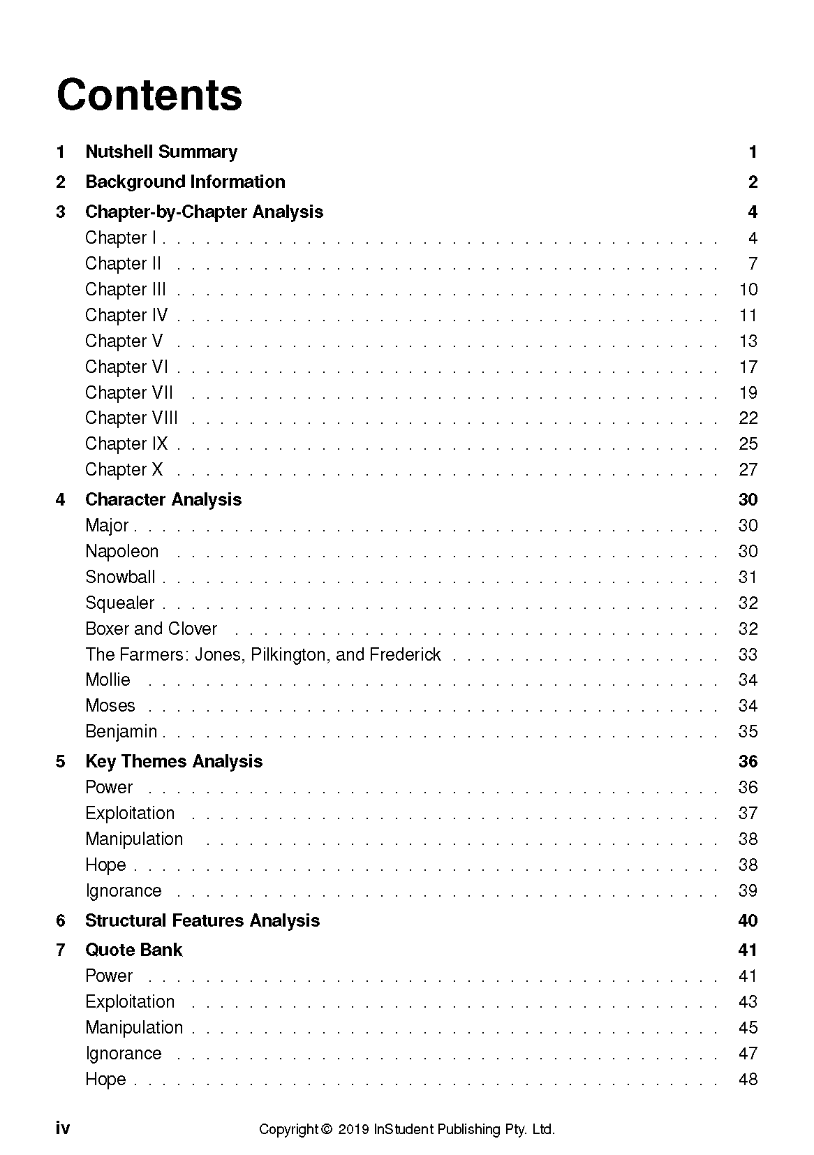 White text guide contents page showing chapter analysis, character analysis, and key themes with page numbers.