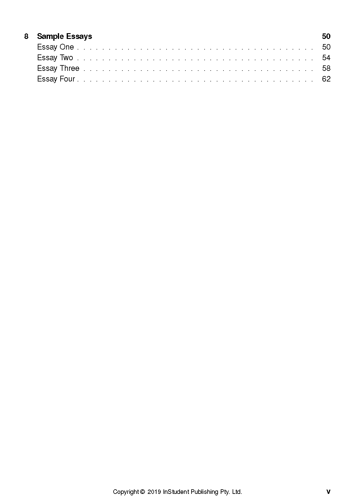 Text Guide showing a sample contents page by InStudent Publishing, listing 'Sample Essays' with page numbers and a copyright notice.