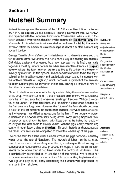 White educational text guide from InStudent Publishing Pty. Ltd., featuring "Section 1 Nutshell Summary" of "Animal Farm", with definition sidebars.