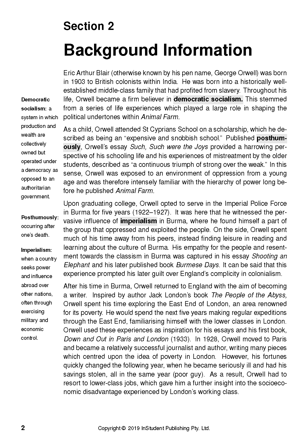 Text Guide about Animal Farm by George Orwell from InStudent Publishing Pty. Ltd., featuring Section 2 Background Information and key term definitions.