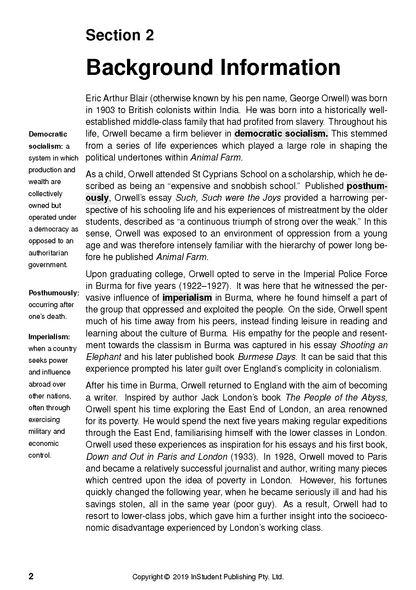 Text Guide about Animal Farm by George Orwell from InStudent Publishing Pty. Ltd., featuring Section 2 Background Information and key term definitions.