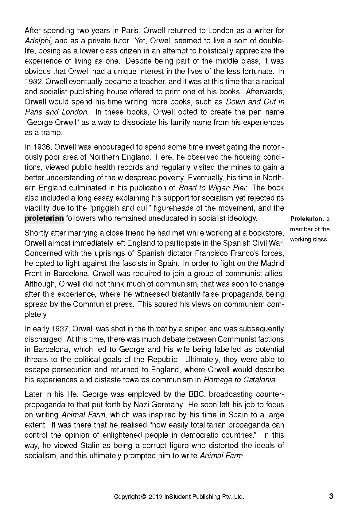 Printed text guide with black text on a white page, featuring content related to George Orwell's works including Animal Farm, and a definition of 'Proletarian'.