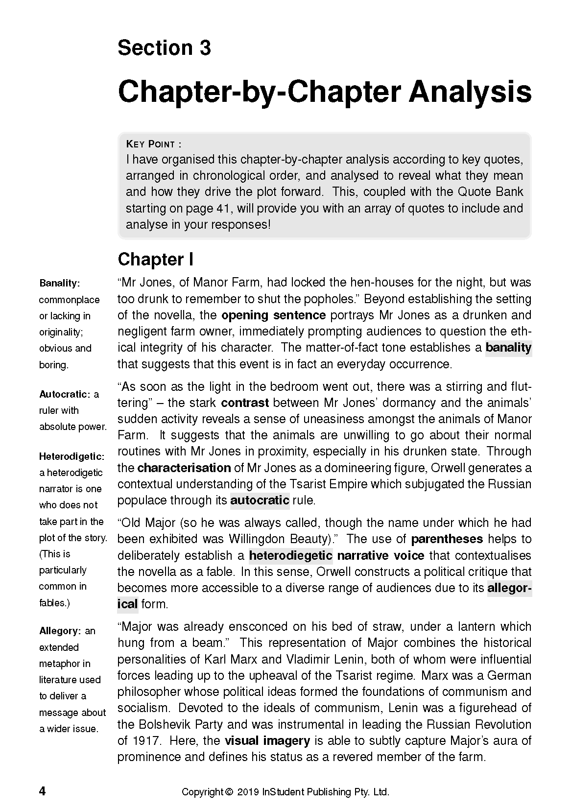 Text Guide for Animal Farm, displaying a chapter-by-chapter analysis page with key points and literary term definitions.