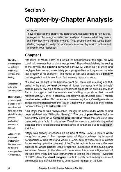 Text Guide for Animal Farm, displaying a chapter-by-chapter analysis page with key points and literary term definitions.