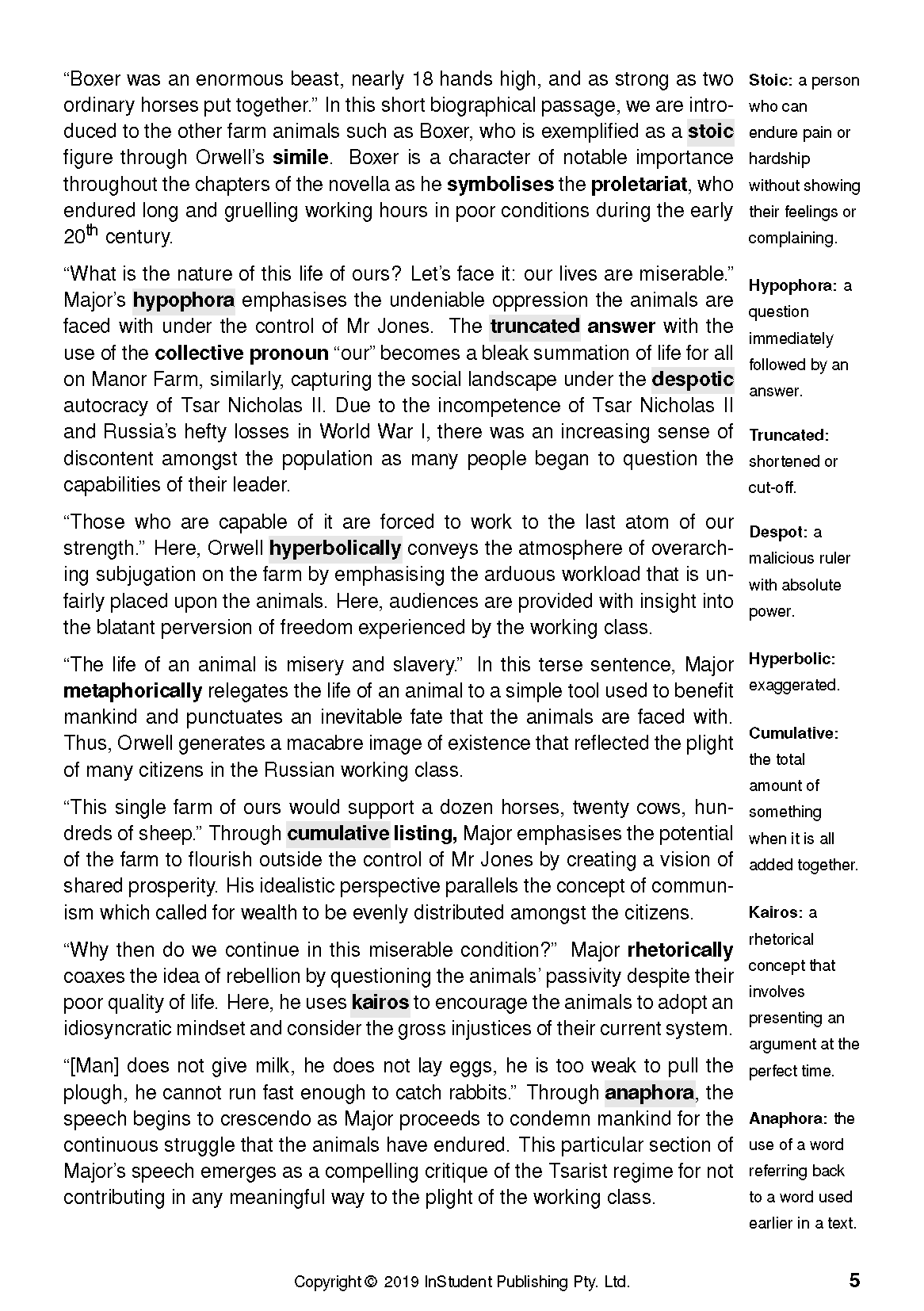 A page from a text guide on Animal Farm, displaying text excerpts, definitions, and analytical questions.
