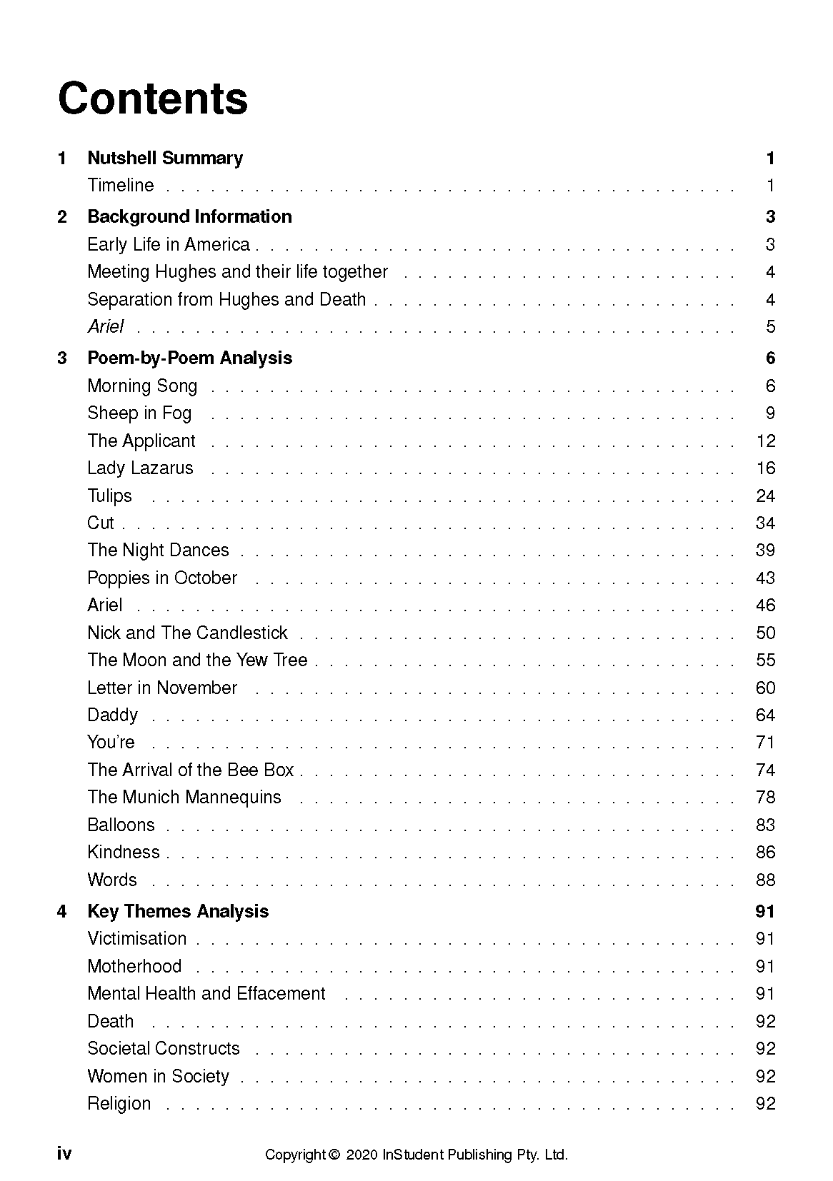 Text guide contents page by InStudent Publishing showing analysis sections for Sylvia Plath's Ariel.