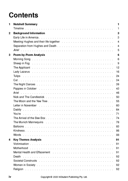 Text guide contents page by InStudent Publishing showing analysis sections for Sylvia Plath's Ariel.