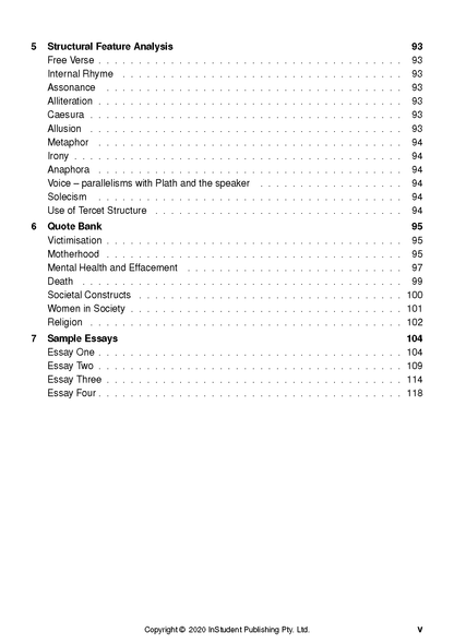 Text guide page displaying a table of contents for Ariel by Sylvia Plath, detailing sections from Structural Feature Analysis to Sample Essays with page numbers.