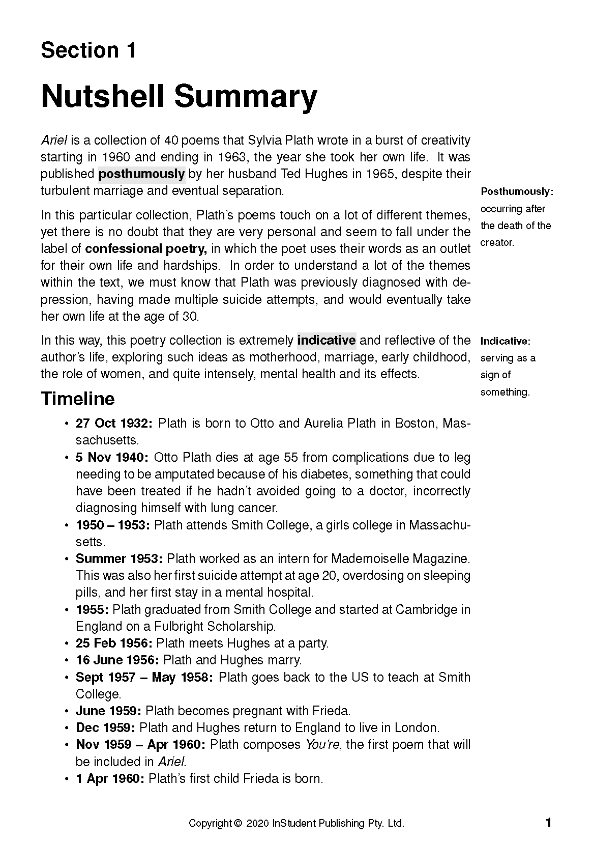 Text Guide page with a Nutshell Summary and Timeline for Ariel by Sylvia Plath, including key term definitions.
