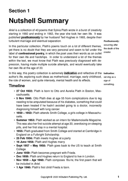 Text Guide page with a Nutshell Summary and Timeline for Ariel by Sylvia Plath, including key term definitions.