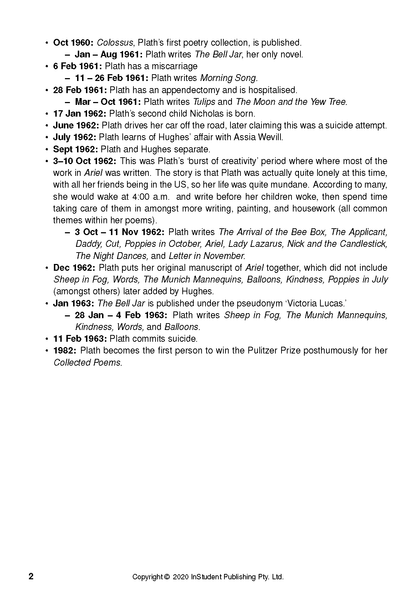 A page from a text guide featuring a timeline of Sylvia Plath's life and literary works, in black text on white.