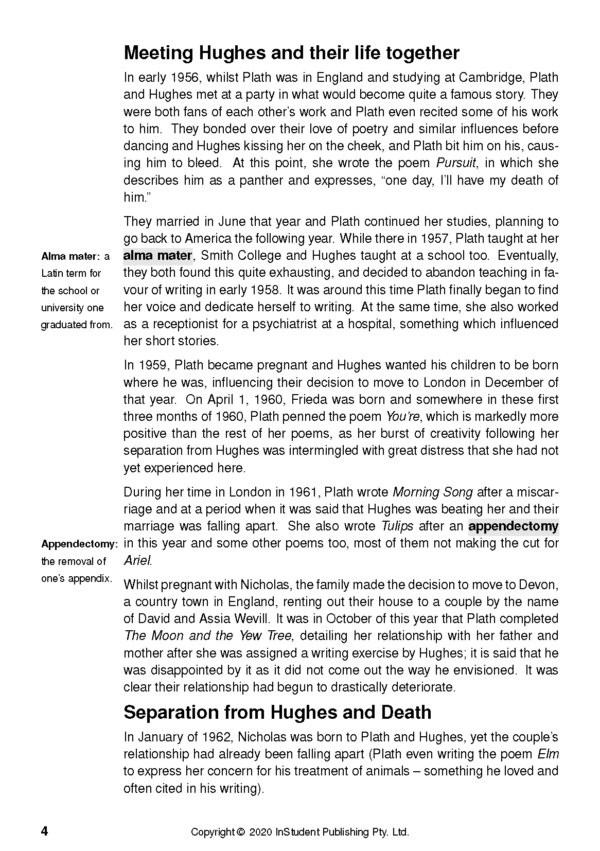 Text guide page by InStudent Publishing Pty. Ltd. with black text on white paper, featuring biography sections, marginal definitions, and page number 4.