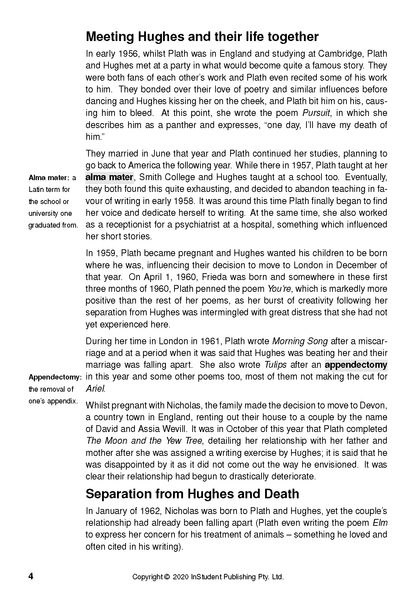 Text guide page by InStudent Publishing Pty. Ltd. with black text on white paper, featuring biography sections, marginal definitions, and page number 4.