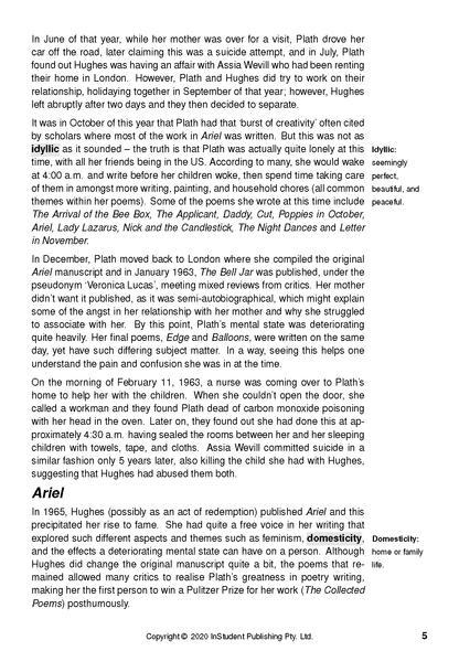 Text Guide about Ariel by Sylvia Plath, showing black text, two definition boxes for "Idyllic" and "Domesticity", and page 5.