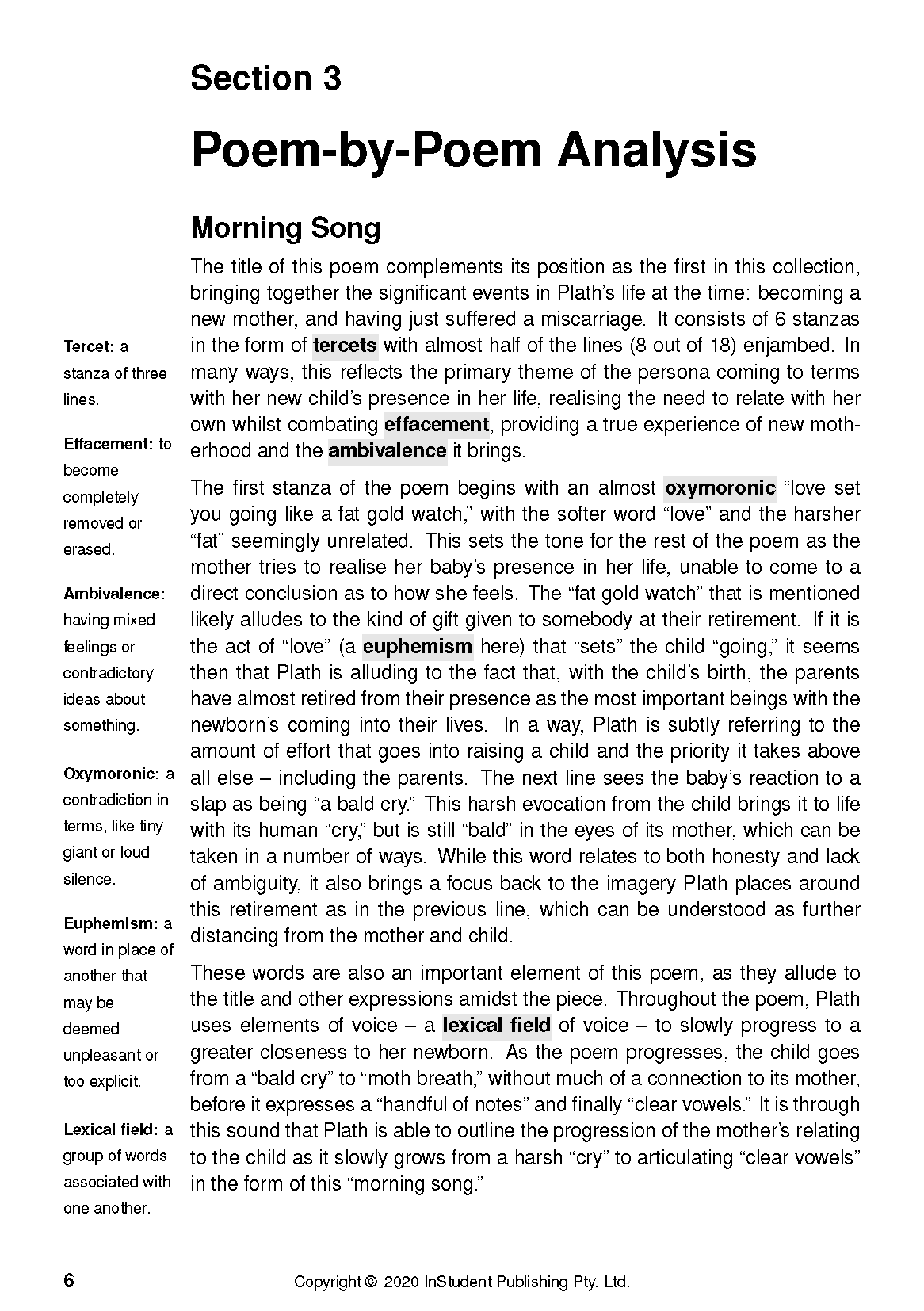 Text guide page discussing Sylvia Plath's 'Morning Song,' featuring 'Poem-by-Poem Analysis' with highlighted terms and definitions on a white background.
