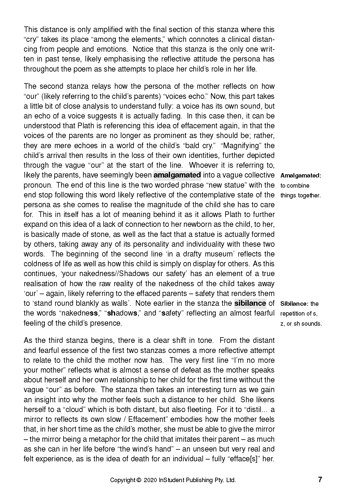 Black and white text guide page from InStudent Publishing Pty. Ltd., displaying English text and marginal definitions for 'Amalgamated' and 'Sibilance'.