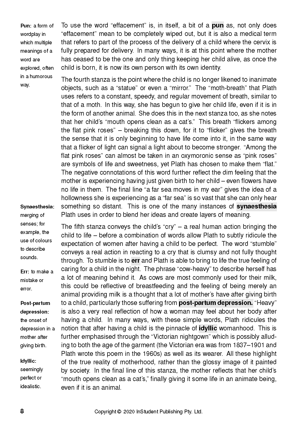 Text Guide about Ariel by Sylvia Plath, with black text, definitions, and literary analysis on a white page, page number 8 visible.