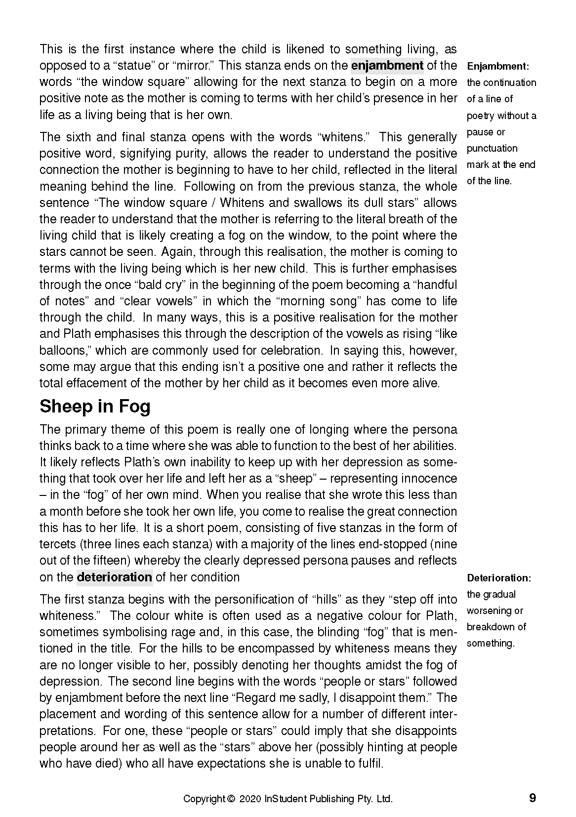 Text Guide page with black analysis text on a white background, featuring headings, highlighted terms, and page number 9.