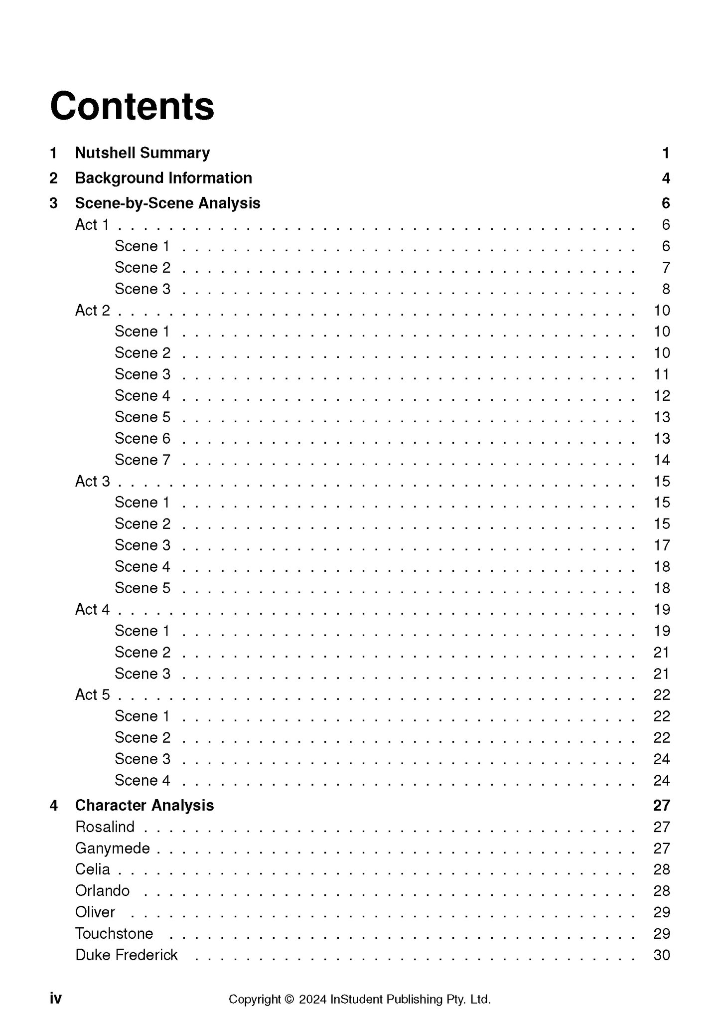 Text guide by InStudent Publishing Pty. Ltd. with a table of contents listing acts, scenes, and character analysis for 'As You Like It'.