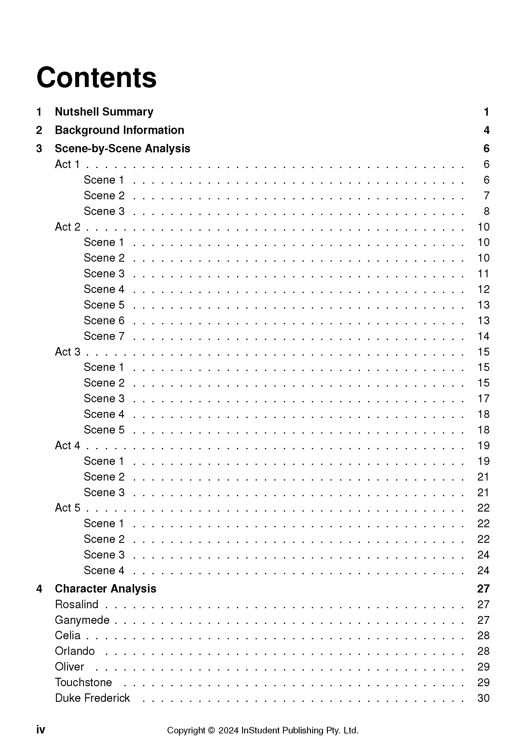 Text guide by InStudent Publishing Pty. Ltd. with a table of contents listing acts, scenes, and character analysis for 'As You Like It'.