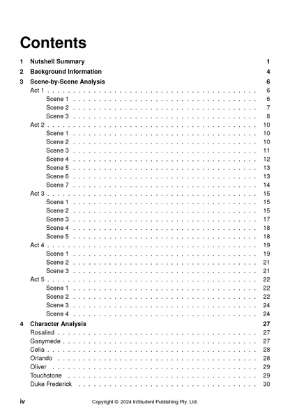 Text guide by InStudent Publishing Pty. Ltd. with a table of contents listing acts, scenes, and character analysis for 'As You Like It'.