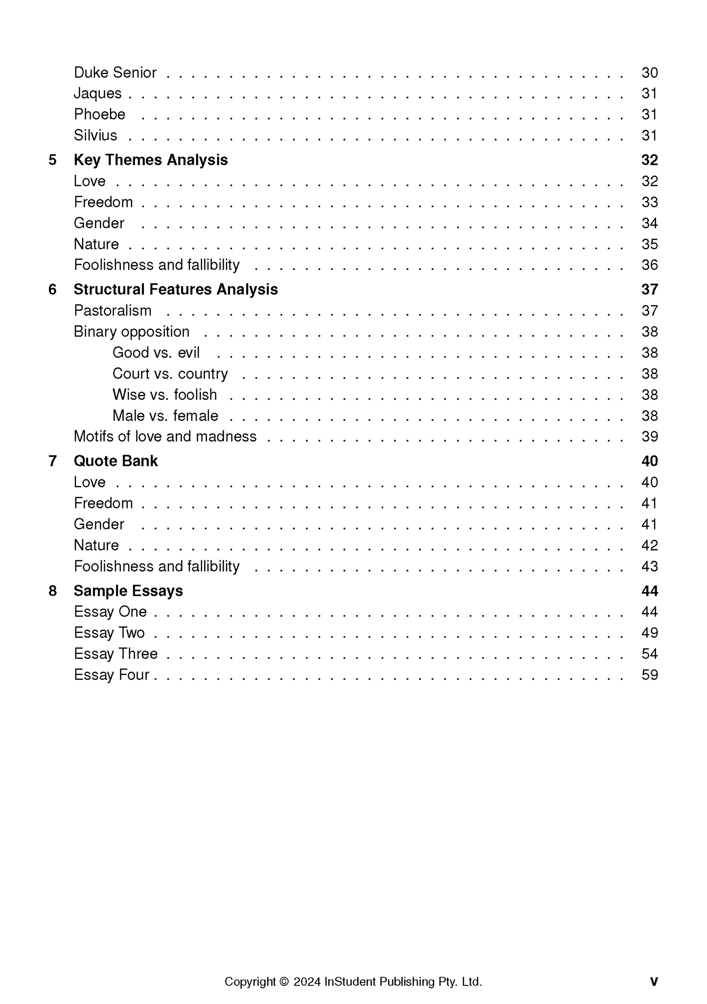 Table of contents page from a Text Guide by InStudent Publishing, listing sections like Key Themes Analysis and Sample Essays with page numbers.