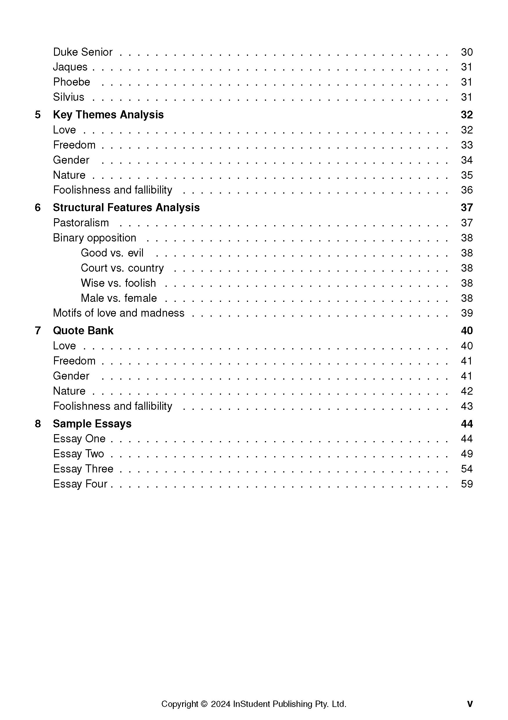 Table of contents page from a Text Guide by InStudent Publishing, listing sections like Key Themes Analysis and Sample Essays with page numbers.