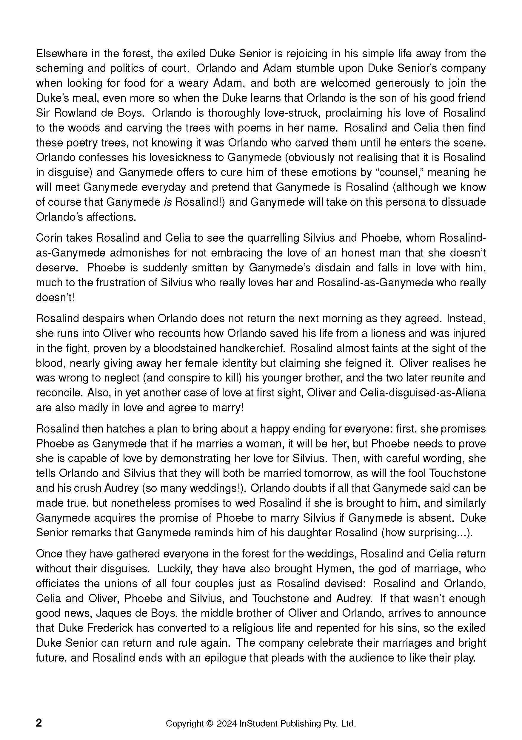 Text Guide page by InStudent Publishing Pty. Ltd. with black text summarizing As You Like It on a white background, page 2.