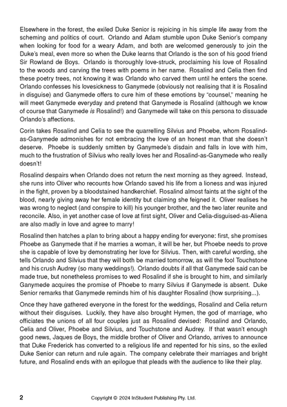 Text Guide page by InStudent Publishing Pty. Ltd. with black text summarizing As You Like It on a white background, page 2.