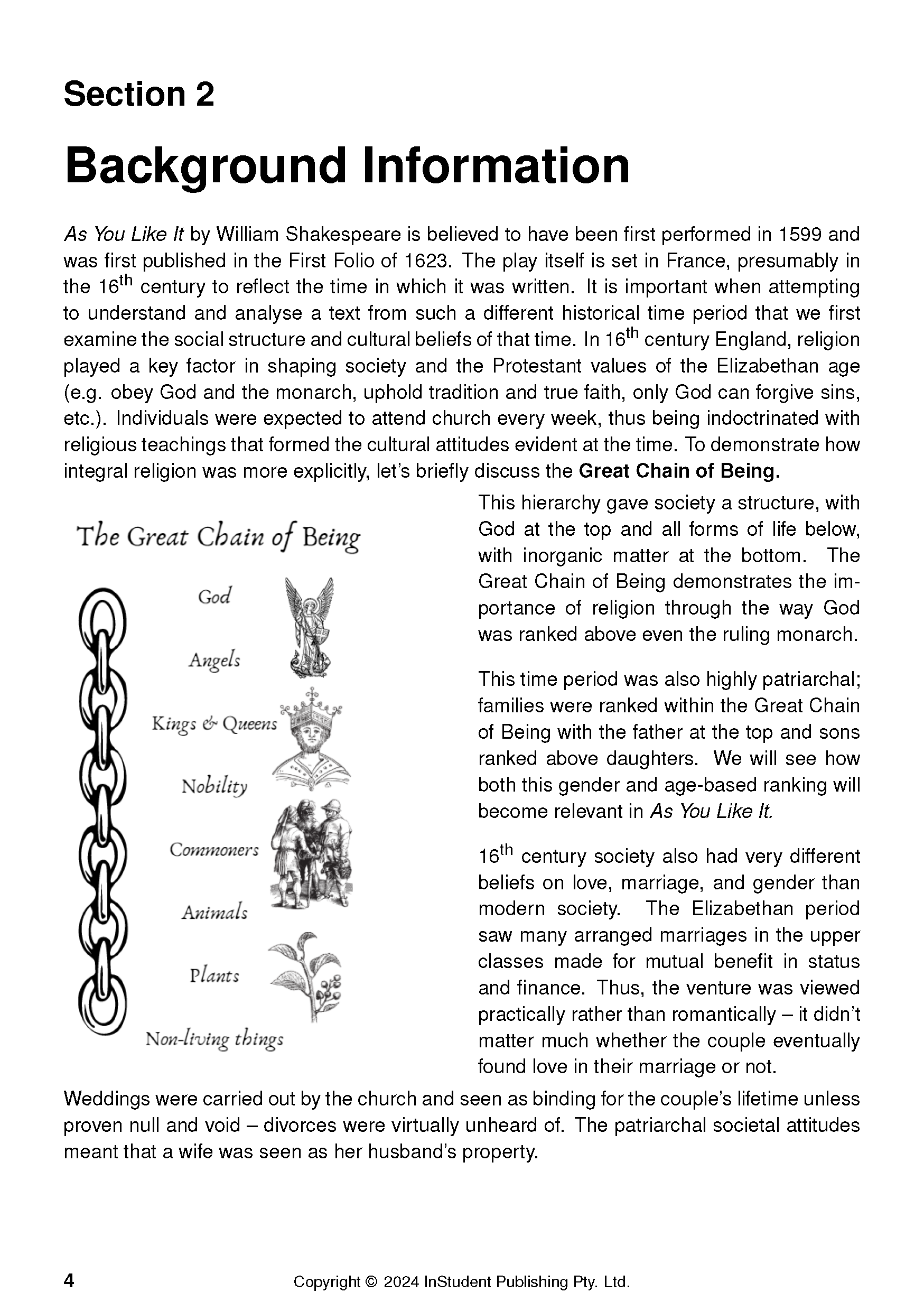 Educational text guide page showing "Background Information" on Elizabethan society and "The Great Chain of Being" diagram.