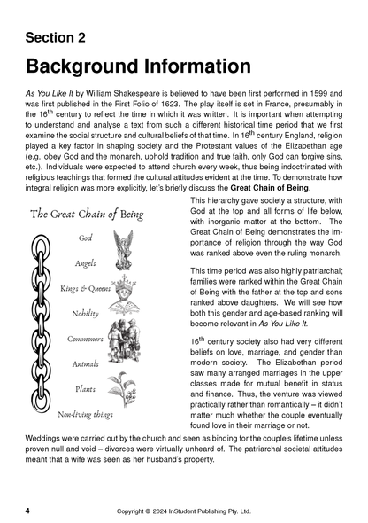 Educational text guide page showing "Background Information" on Elizabethan society and "The Great Chain of Being" diagram.