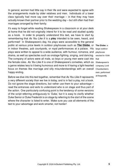 Text Guide page featuring paragraphs of black text discussing 'As You Like It' and 'The Globe', with copyright and page number 5.