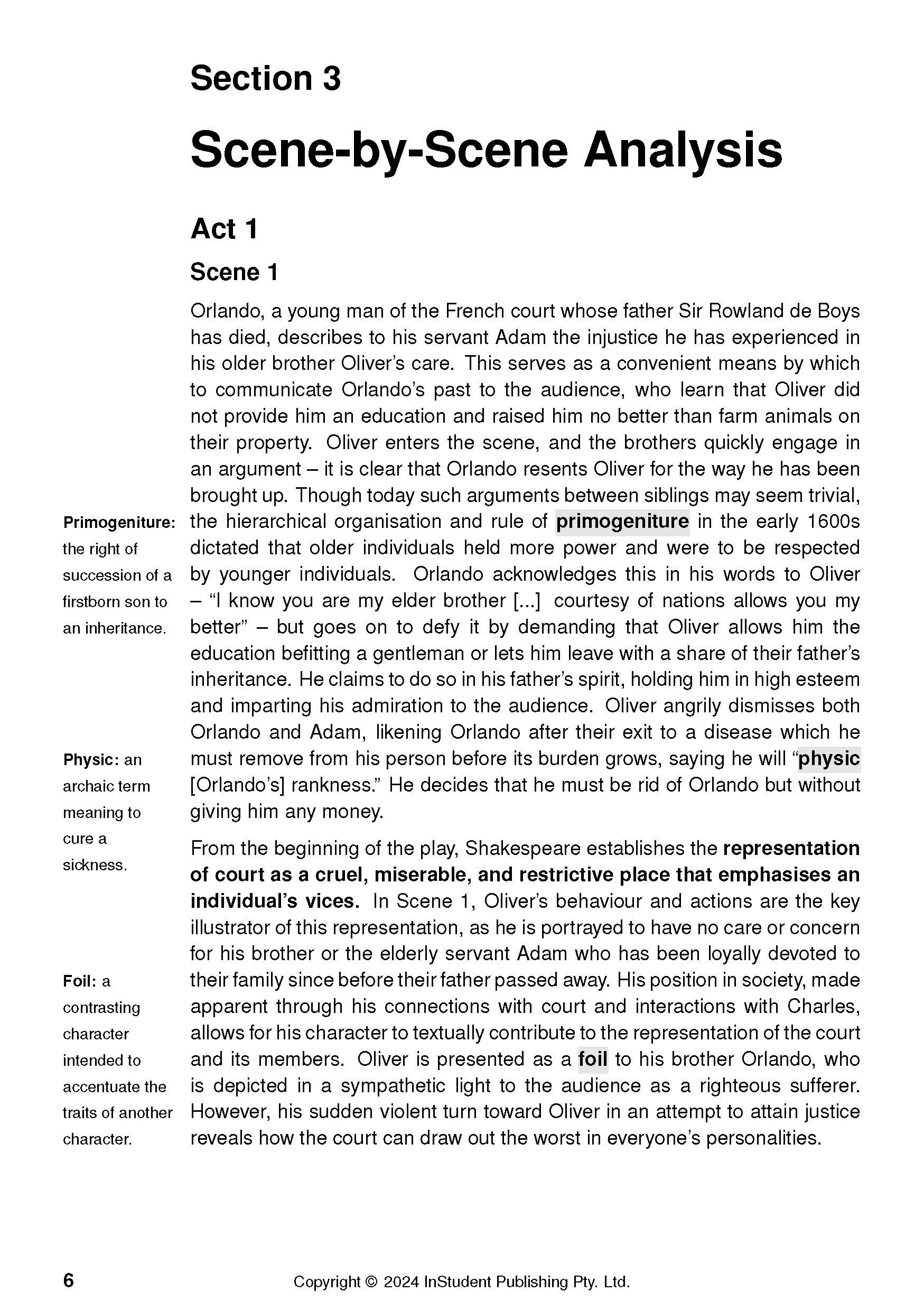 A text guide for As You Like It by William Shakespeare from InStudent Publishing Pty. Ltd., featuring a scene-by-scene analysis page with key definitions.