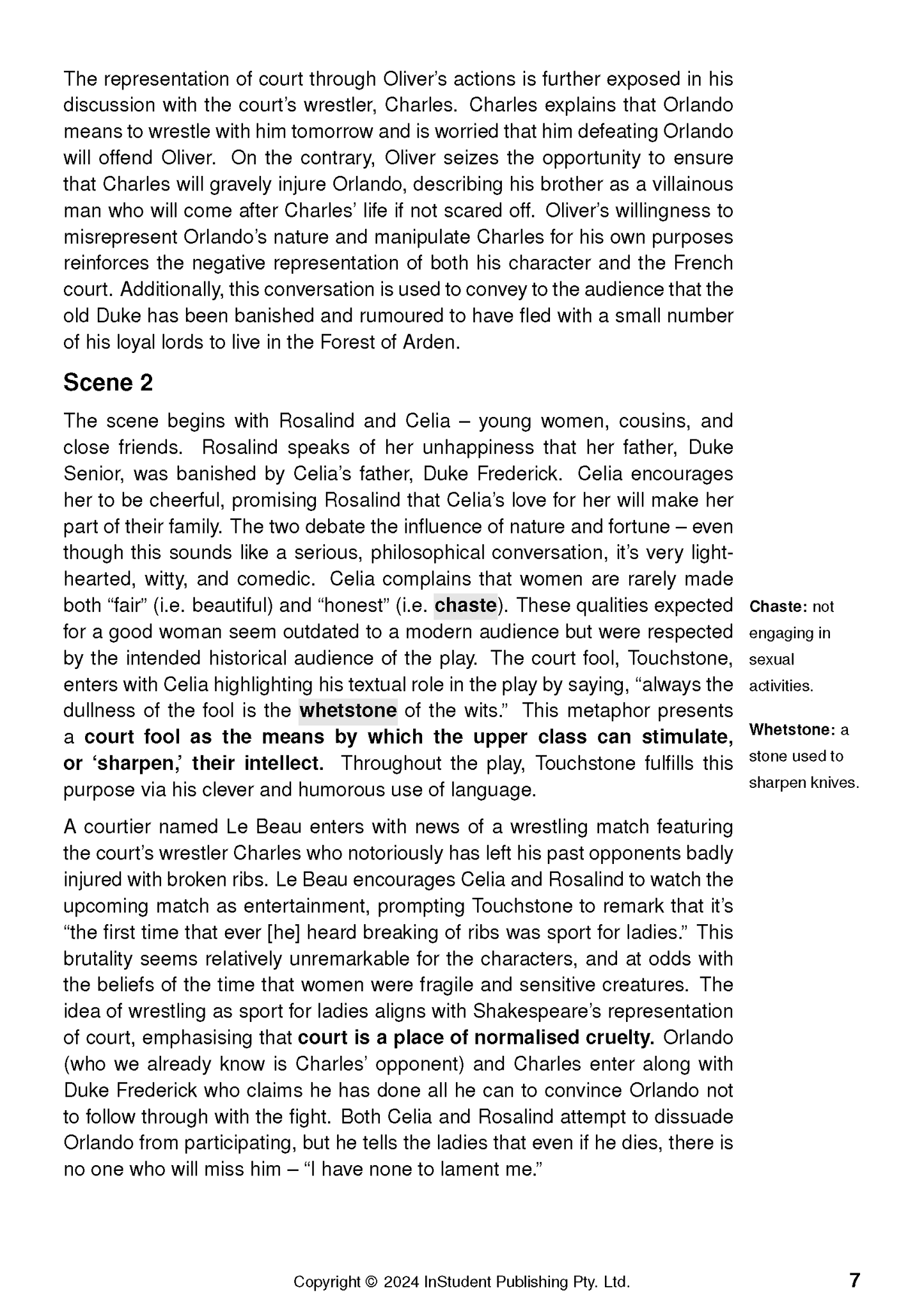 Text Guide page for As You Like It by William Shakespeare with black text on white, detailing Scene 2 analysis and definitions.
