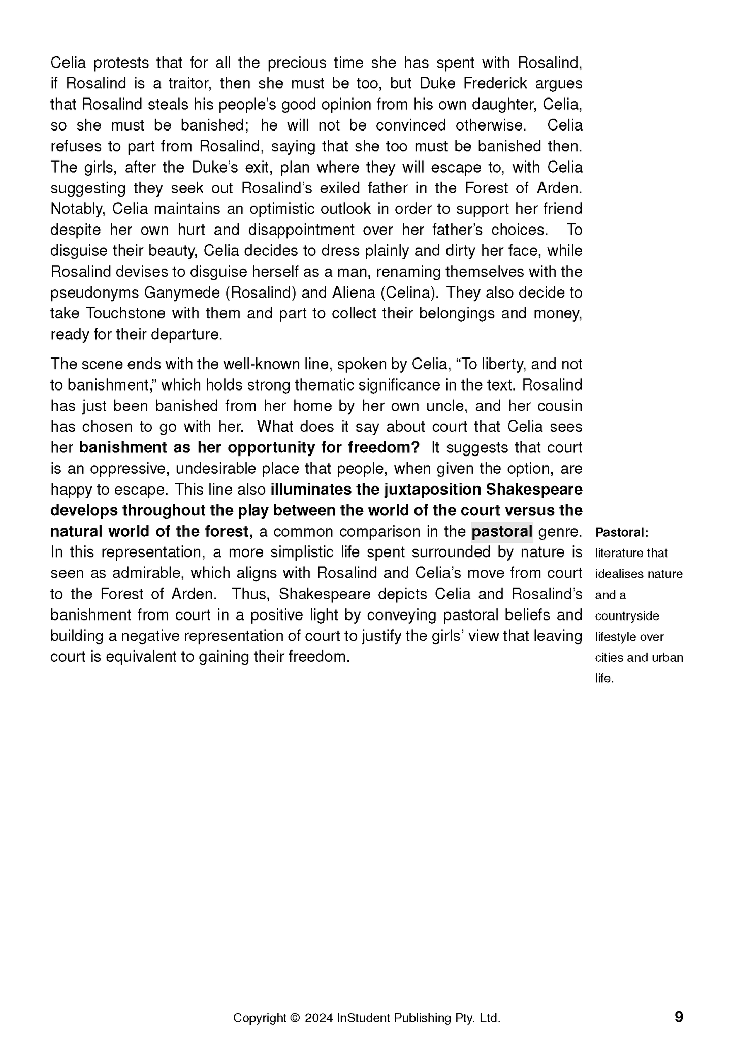 Text Guide: As You Like It with black text on a page, detailing plot and themes, with a "Pastoral" definition and page number 9.