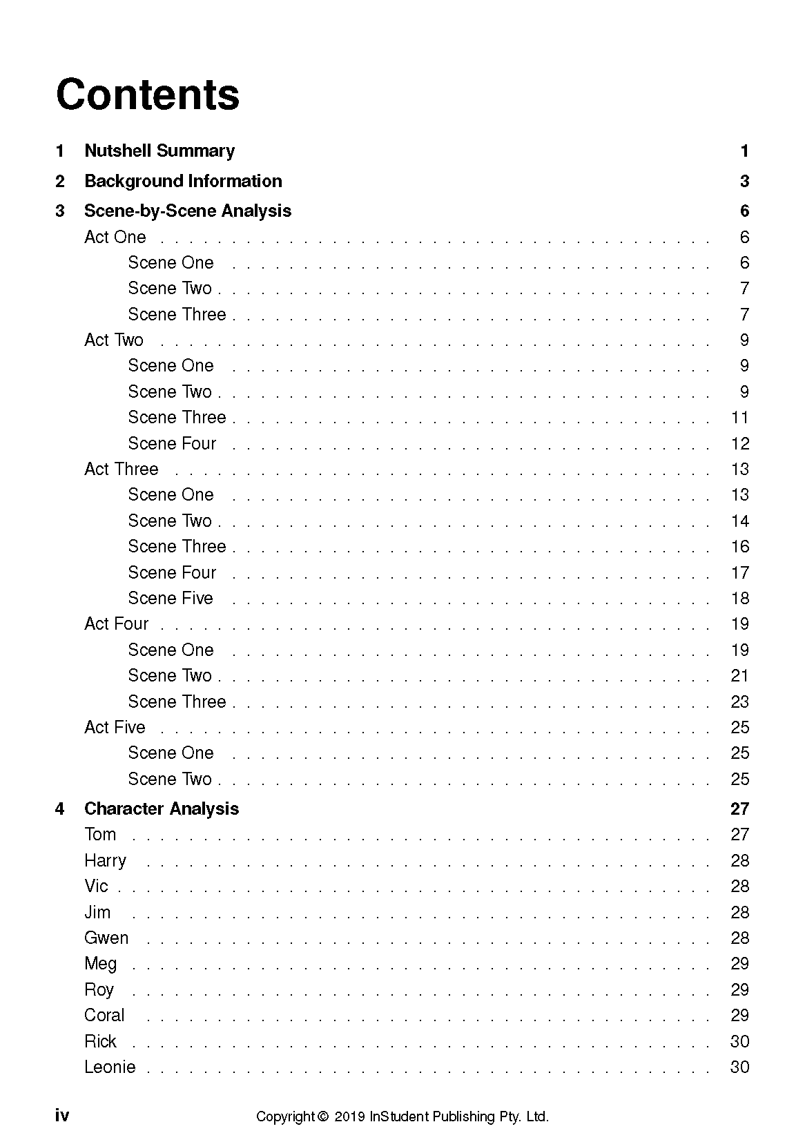Text Guide to Away by Michael Gow displaying its table of contents with summary, background, scene, and character analysis sections.