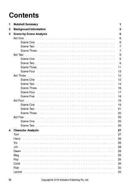 Text Guide to Away by Michael Gow displaying its table of contents with summary, background, scene, and character analysis sections.