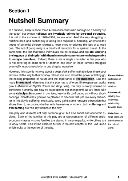 Text Guide page about 'Away' by Michael Gow, featuring a nutshell summary and margin definitions.