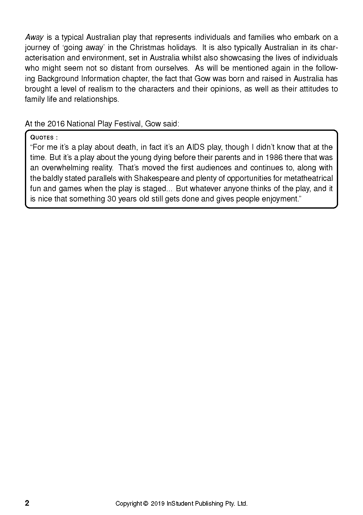 Text guide page for Away by Michael Gow, detailing play background and an author quote.